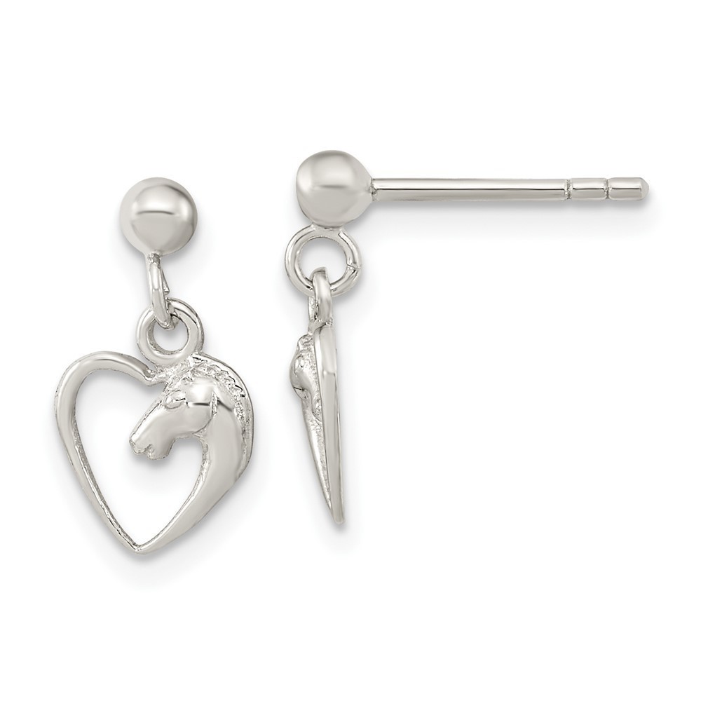 925 Sterling Silver Open Heart Equestrian Horse Head Dangle Earrings
